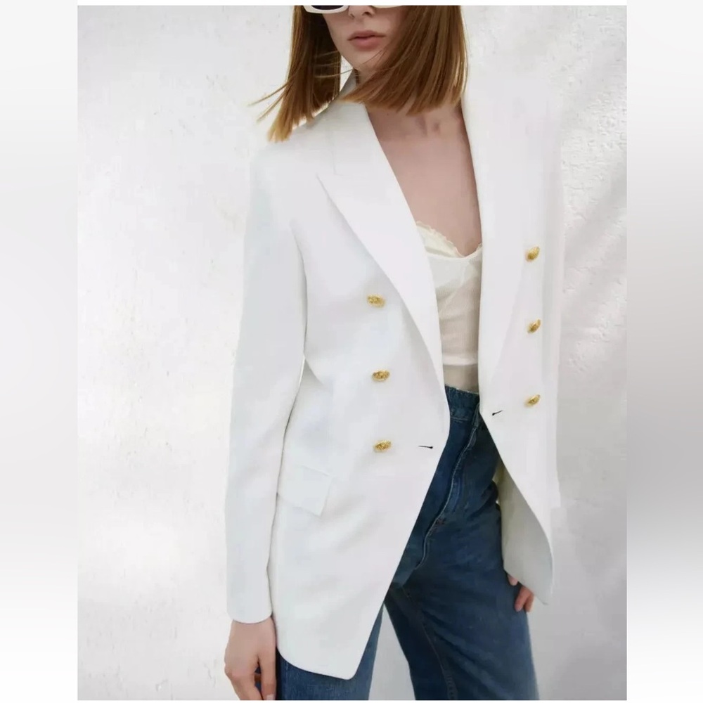 ZARA NEW WOMAN SS collection TAILORED BUTTONED BLAZER JACKET ECRU size XS - Picture 5 of 9